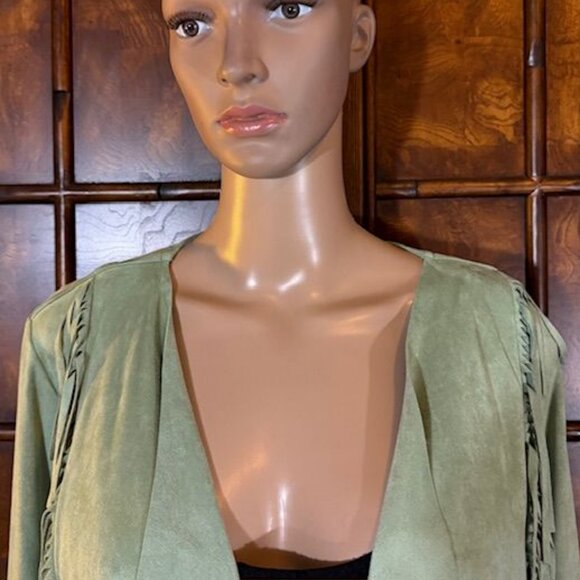 Colleen Lopez Pistachio Fringe Cascade Stretch Faux Suede Jacket Boho Western - Picture 8 of 11